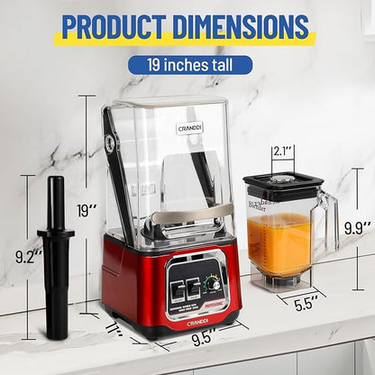 CRANDDI Commercial Blender, 2200W Countertop Blenders with Removable Shield, Quiet Smoothie Blender for Shakes and Ice Crushing, 52oz, 38000 RPM Professional Blenders for Kitchen, K80 (Red)