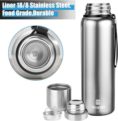 Insulated vacuum Thermo Bottle 1000ml/33.8oz with cup Stainless steel coffee bottles for hot and cold drink water flask.(Silver,1000ml)