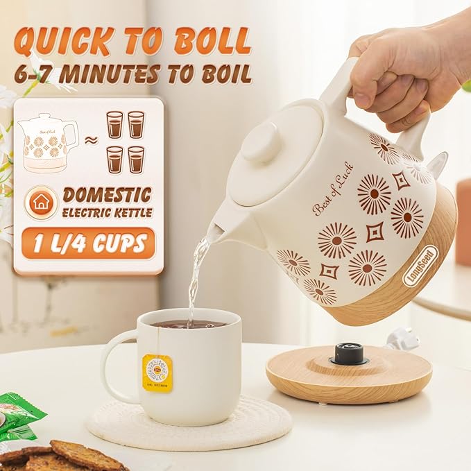 Ceramic Electric Kettle Pot 1.1 Quart, Boiling Water boiler, Teapot Automatic Shut-Off, BPA-Free, Rapid Boil For Coffee & Tea, Boil-Dry Protection, 1000W