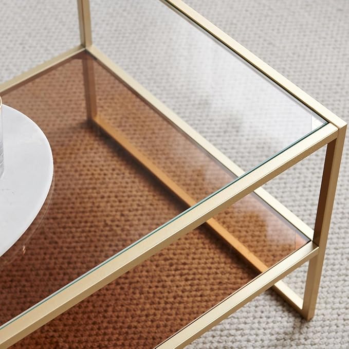 Shrine Glass Coffee Table, Dual-Layer Glass Coffee Table for The Living Room, Gold-Plated Metal Frame, Golden Hardware, Lower Tier with Tinted Glass