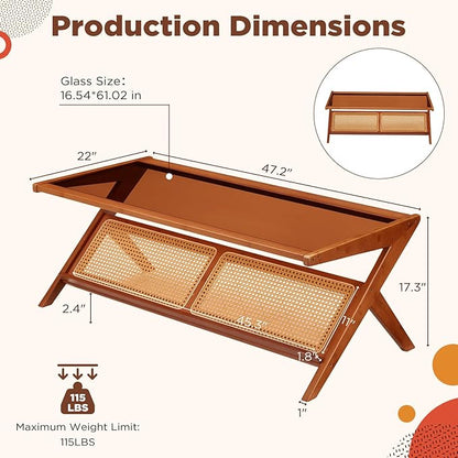 47" Mid-Century Modern Coffee Table with Glass Top, Bamboo Accent Bedside Tables, Glass Nightstand Side Table and Boho Wooden End Table with Storage for Living Room Table Brown