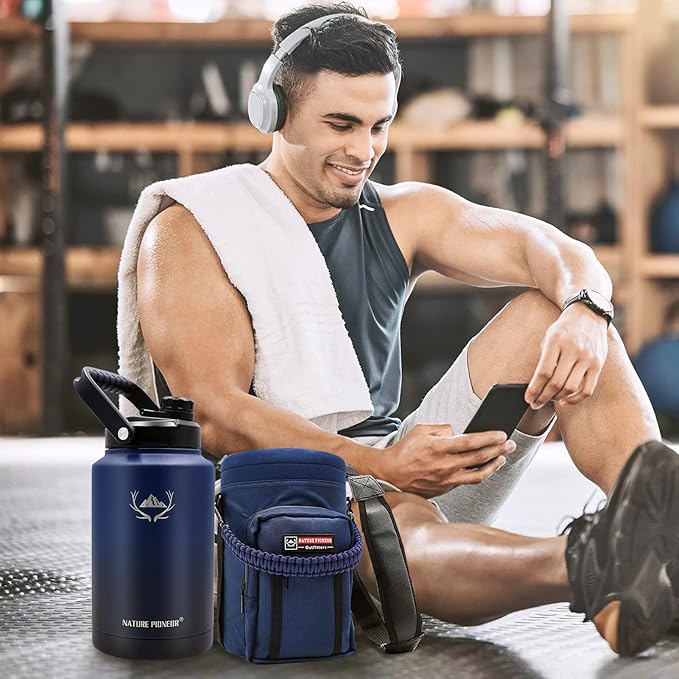 NATURE PIONEOR One Gallon Water Bottle Insulated - Large Double Vacuum Stainless Steel 128 oz Water Bottle with Holder/Carrier, 1 Gallon Water Jug,128oz, Wide Mouth
