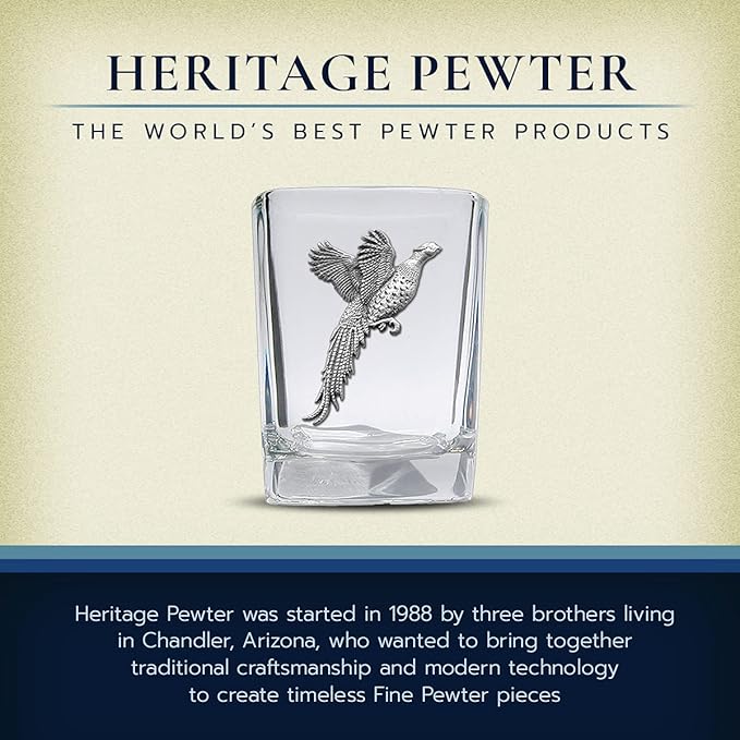 Heritage Pewter Pheasant Square Shot Glass | Hand-Sculpted 1.5 Ounce Shot Glass | Intricately Crafted Metal Pewter Inlay