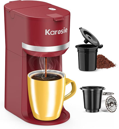 Single Serve Coffee Maker for K-Cup and Ground Coffee, Fast Brew, 6-12 oz Brew Sizes One Cup Coffee Machine Fits 5.5" Mugs, One-Button Small Coffee Maker with Descaling Reminder, Red