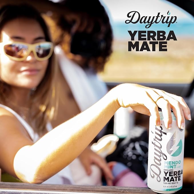 Daytrip Organic Yerba Mate Energy Drink- Clean, Plant Based Caffeine (200mg) with Adaptogenic Mushrooms and Green Tea for Focus and Brain Fog - Low Calorie, Low Sugar (12 Pack Case)