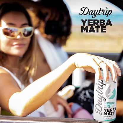 Daytrip Organic Yerba Mate Energy Drink- Clean, Plant Based Caffeine (200mg) with Adaptogenic Mushrooms and Green Tea for Focus and Brain Fog - Low Calorie, Low Sugar (12 Pack Case)