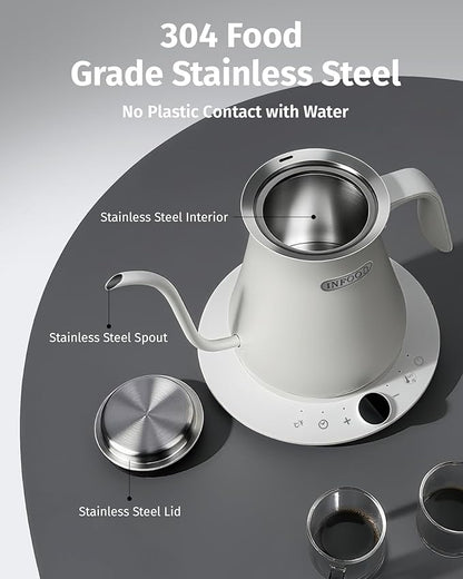 0.8L Gooseneck Electric Kettle, Precise Temperature Control for Pour Over Coffee & Tea, 1200W Fast Boiling Water, Auto Shut Off, Scheduling, Stainless Steel, White