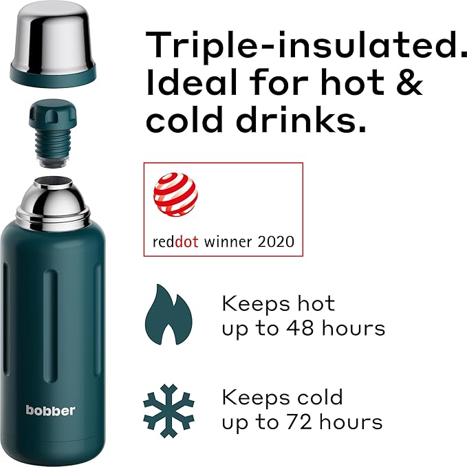 BOBBER 34 oz Stainless Steel Travel Thermos for Hot and Cold Drinks – Dishwasher Safe Metal Water Bottle with Cup Lid – Keeps Hot for 48 Hours – BPA-Free, Vacuum Insulated (Deep Teal)