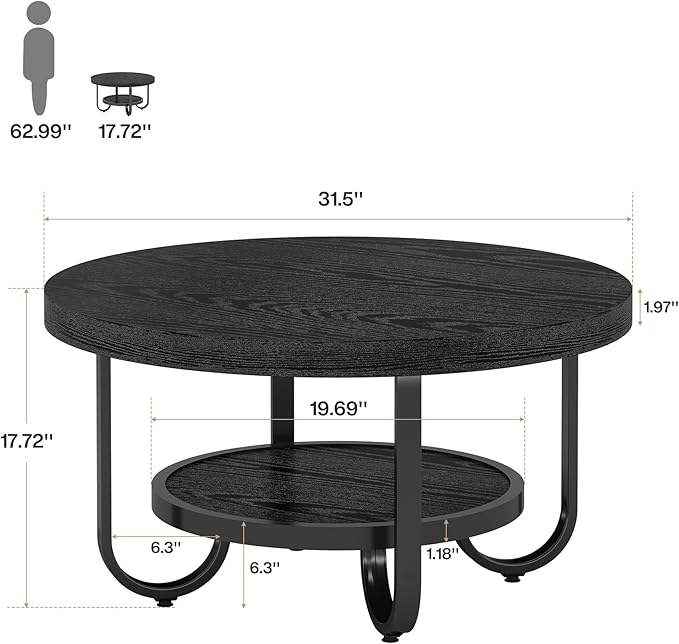 Tribesigns Round Coffee Table, 31.5" Modern Wood Circle Center Table with Storage Shelf and Metal Frame, 2-Tier Industrial Accent Cocktail Table for Living Room, Small Space, Apartment, Black