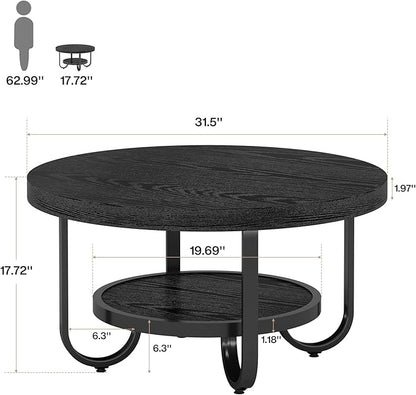 Tribesigns Round Coffee Table, 31.5" Modern Wood Circle Center Table with Storage Shelf and Metal Frame, 2-Tier Industrial Accent Cocktail Table for Living Room, Small Space, Apartment, Black