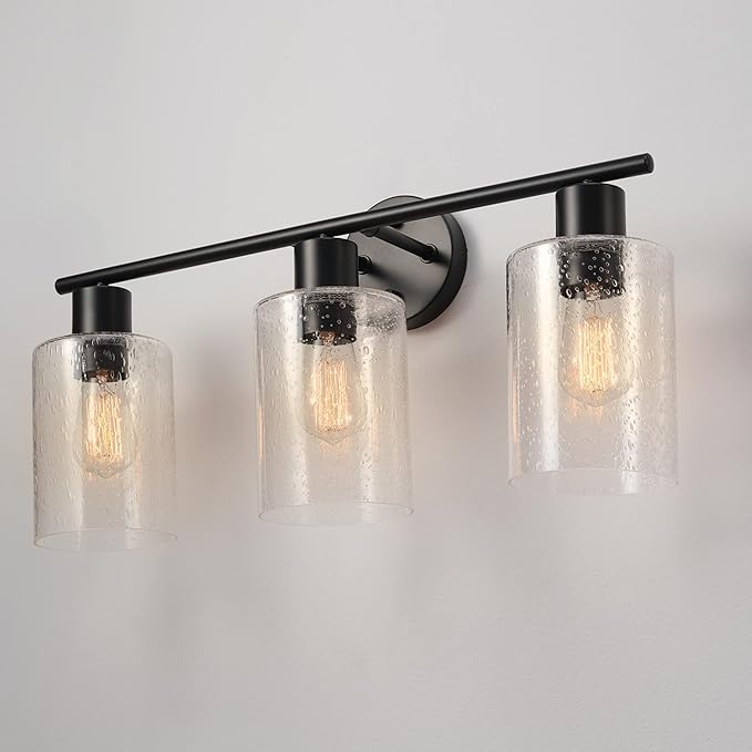 Globe Electric 51851 Bristol 5-Piece All-in-One Bathroom Set, Matte Black, 3-Light Vanity Light with Seeded Glass Shades, Towel Bar, Towel Ring, Robe Hook, Toilet Paper Holder