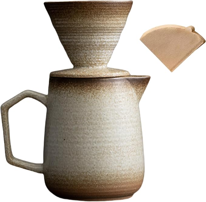Pour Over Coffee Maker,Ceramic Coffee Maker With 100 pcs V60 Paper Filter，16oz/480ml Pour Over Coffee Dripper (Off White)