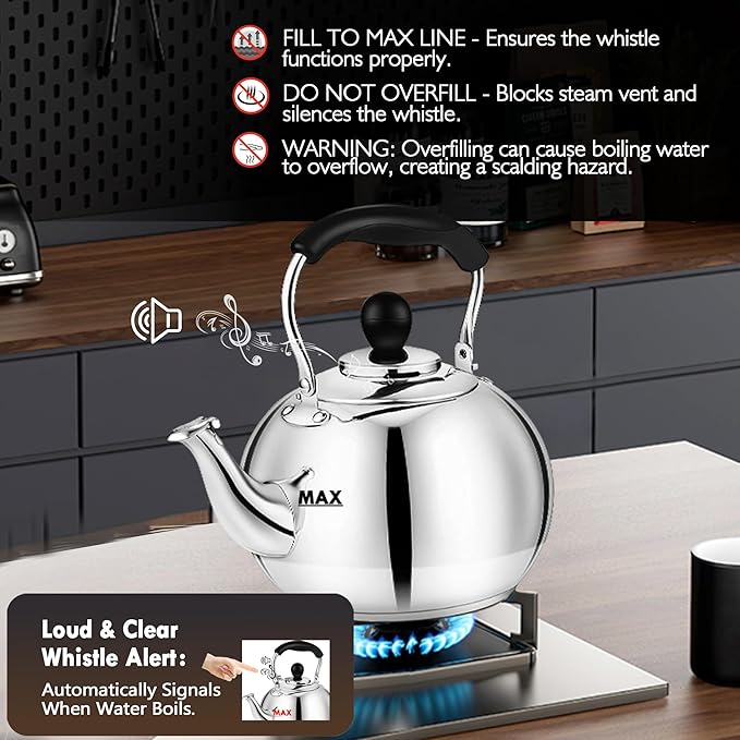 Whistling Tea Kettle Stovetop - 2.3 Quart Round Tea Pot for Stovetop, Silver Mirror Polished Classic Stovetop Kettle, Food Grade Material Teapot for Stove Top