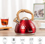 Load image into Gallery viewer, Tea Kettle, Toptier Teapot Whistling Kettle with Wood Pattern Handle Loud Whistle, Food Grade Stainless Steel Tea Pot for Stovetops Induction Diamond Design Water Kettle, 2.7-Quart Red