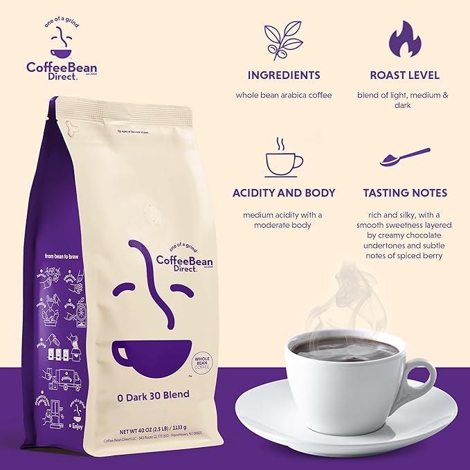 Coffee Bean Direct 0 Dark 30 Blend, Whole Bean Coffee, Mixed Roast Level, 2.5 Pound Bag (Pack of 1)