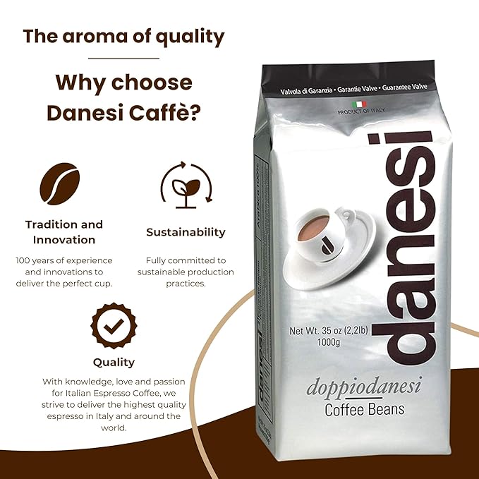 Danesi Caffe Italian Whole Coffee Beans - Espresso Coffee Beans and Medium Roast Whole Bean - Perfect for Espresso Machines, French Press, and Home Brewing - Doppio (2.2 lb)