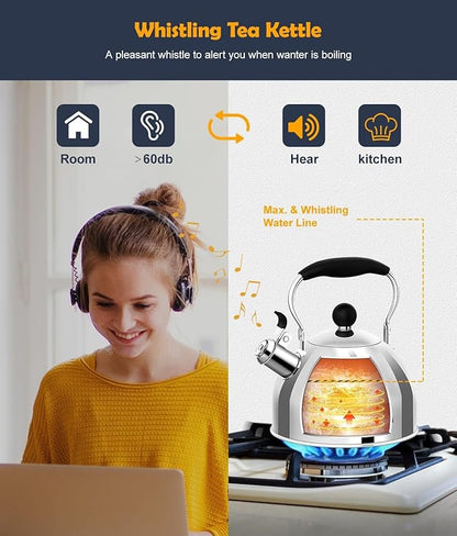 Tea Kettle, 2 Quart Stainless Steel Whistling Tea Kettle, Stovetop Whistling Teakettle Tea Pots for Stove Top with Ergonomic Folding Handle, Small Teapot, Water boiler for Tea, Coffee (Silver)
