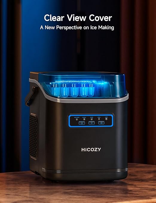 HiCOZY Clear View Ice Maker Countertop, Self-Cleaning Ice Machine with Ambient Lights, Ice in 6Mins, 26 lbs/Day, 2 Sizes of Bullet Ice for Apartment/Kitchen/Office/Home Bar(Black)