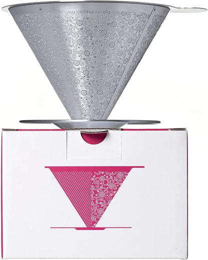 ATHIA Reusable Coffee Filter, Stainless Steel Pour Over Dripper with Laser-etched Mesh Cone, Eco-Friendly Paperless Design, Fits Most Mugs, Carafes & Hario brewers (Silver, Flower Carving)