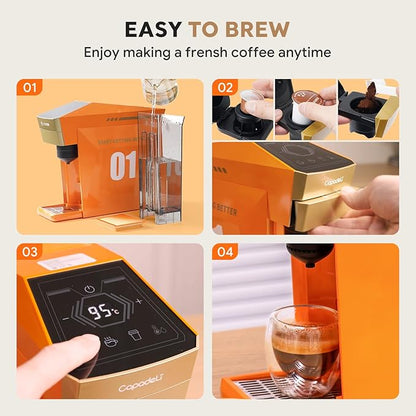 3 in 1 Single Serve Coffee Maker,Fast Brew in 1 minute 19Bar Pump Coffee Machine for K*Cup、NES*press and Ground Coffee,with 27oz Removable Water Reservior, Orange Espresso Coffee Machine