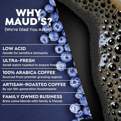 Maud's Blueberry Flavored Coffee Pods, 18 ct, Medium Roast Flavored Coffee in Recyclable Single Serve Pods – 100% Arabica Beans, Compatible with Keurig K Cups Maker