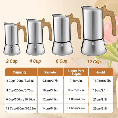 No Coating 12 Cup Moka Pot Thickened 304 Stainless Steel Stovetop Espresso Coffee Maker 600ml 20oz Mocha Percolator Greca Cuban Ideal for Making Rich Authentic Italian Café