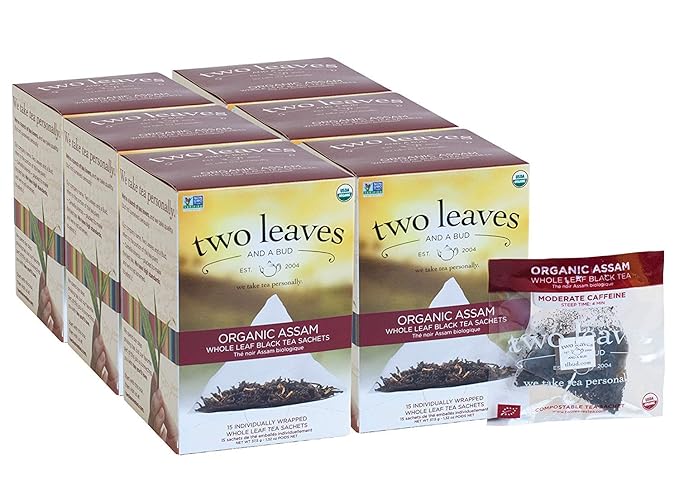 Two Leaves and a Bud Organic Assam Black Tea Bags, Whole Leaf Caffeinated Black Tea in Compostable Sachets, Delicious Plain or with Milk, 15 Count (Pack of 6)