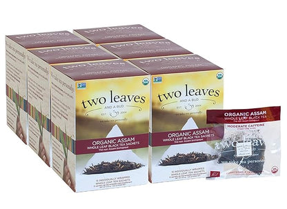Two Leaves and a Bud Organic Assam Black Tea Bags, Whole Leaf Caffeinated Black Tea in Compostable Sachets, Delicious Plain or with Milk, 15 Count (Pack of 6)
