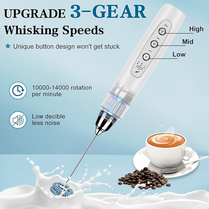 Milk Frother Handheld for Coffee, Electric Whisk 3 Speed Adjustable, Drink Mixer with Stainless 3 Whisks, Rechargeable Hand Frother Wand, Foam Maker for Latte Cappuccino Hot Chocolate Egg White