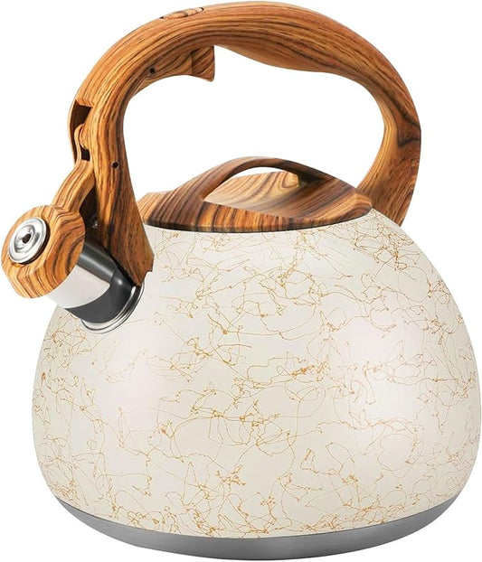 3.2 Quart Whistling Tea Kettle Stovetop, Stainless Steel Tea pot with Wood Grain Handle, Loud Whistle Kettle for Boiling Water, Coffee & Milk, Easy-Pour Spout Classic Design (Off-white)
