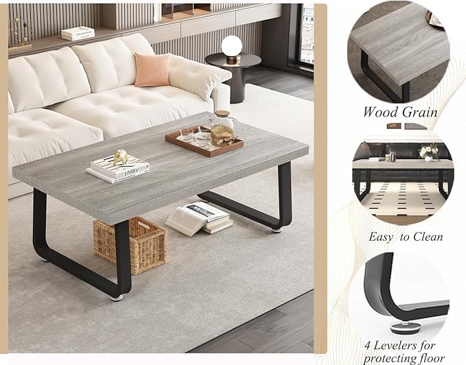 HSH Grey Small Coffee Table, Modern Minimalist Coffee Center Table, Rectangle Simple Wooden Living Room Table, Industrial Wood and Metal Tea Table for Home Bedroom Home Office, Light Grey Oak, 39 in