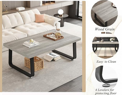 HSH Grey Small Coffee Table, Modern Minimalist Coffee Center Table, Rectangle Simple Wooden Living Room Table, Industrial Wood and Metal Tea Table for Home Bedroom Home Office, Light Grey Oak, 39 in