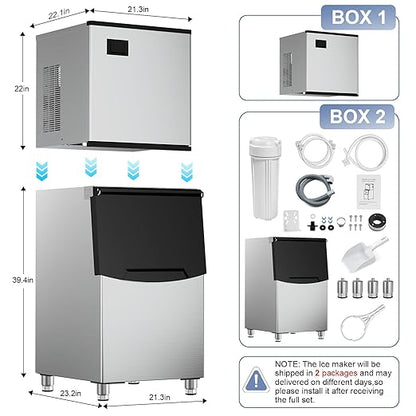 Ice Maker Commercial Ice Machine Large Capacity Stainless Steel 450 Lbs/24H Industrial Ice Machine, 350 Lbs Storage Commercial Ice Machines Free Standing, Cubes Ice Makers Commercial