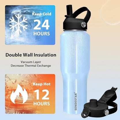 SENDESTAR 40oz Stainless Steel Water Bottle(Cold for 48 Hrs, Hot for 24 Hrs),Double Wall Vacuum Insulated Bottle with Straw Lid, Spout Lid and Flex Cap, Fit in Any Car Cup Holder TXIN-40-Laser Blue