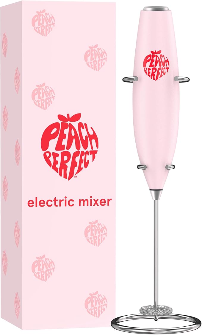Milk Frother Handheld, Electric Drink Mixer for Coffee, Lattes, Powdered Supplements, Battery Operated (AA) Stainless Steel Frother Wand, 300W, Easy On/Off Switch, Stand Included, Pink