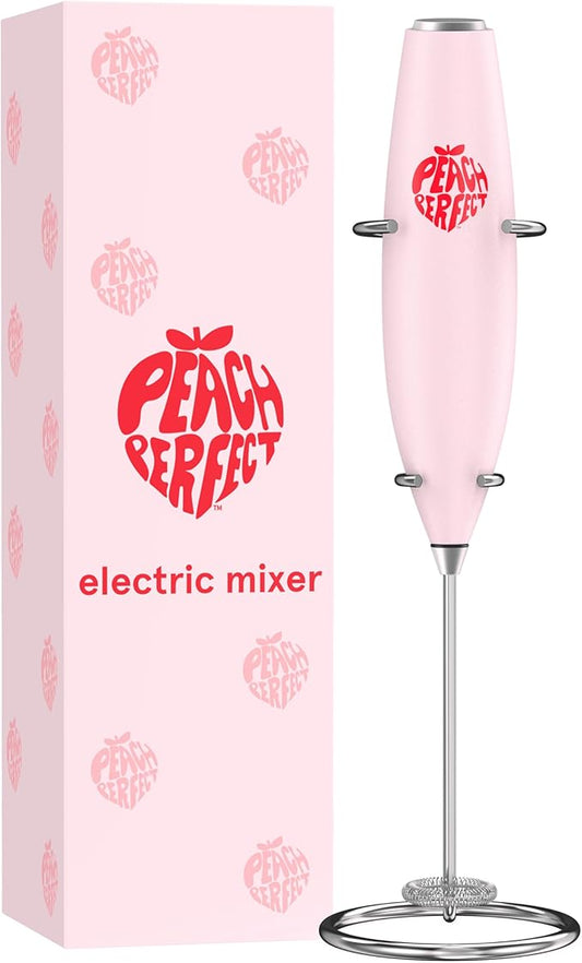 Milk Frother Handheld, Electric Drink Mixer for Coffee, Lattes, Powdered Supplements, Battery Operated (AA) Stainless Steel Frother Wand, 300W, Easy On/Off Switch, Stand Included, Pink