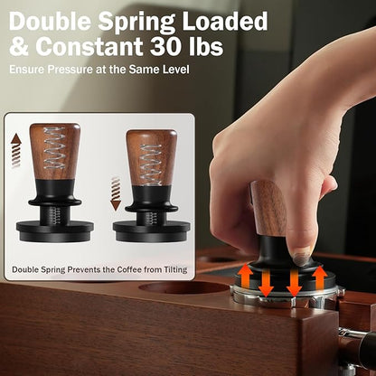 PUSEE 53.3mm Espresso Tamper,Calibrated Tamper with 30lbs Double Spring Loaded Tamper Walnut Wood Coffee Tamper for Barista Home,Titanium PVD Coating Base Tamper Espresso Tool Fits 54mm Portafilters
