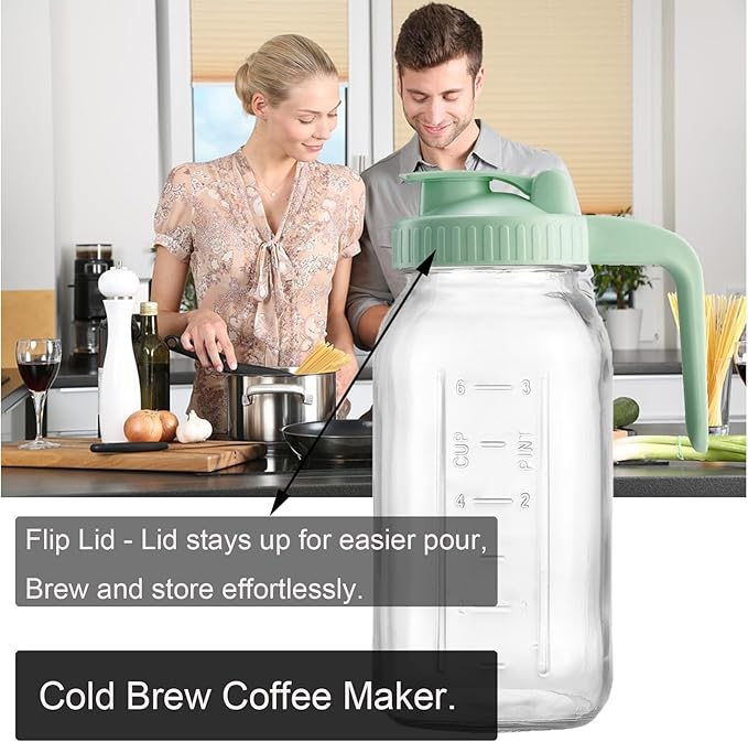 Fermus Set of 2 Cold Brew Coffee Maker, 64oz / 2Quart Glass Pitcher with Stainless Steel Filter and Pour Spout Handle Lid, Mason Jar for Making Cold Coffee, Fruit Drinks, Sun Tea (2)