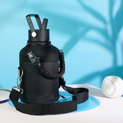 Half Gallon Insulated Water Bottle with Straw,64 oz 3 Lids Water Jug with Carrying Bag,Paracord Handle,Double Wall Vacuum Stainless Steel Metal Flask,Dark Green