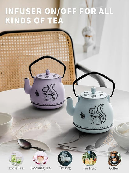 Toptier Teapot with Removable Infuser, Cast Iron Tea Kettle Stovetop Safe, Squirrel Design Tea Pot Coated with Enameled Interior for 32 Ounce (950 ml), Purple