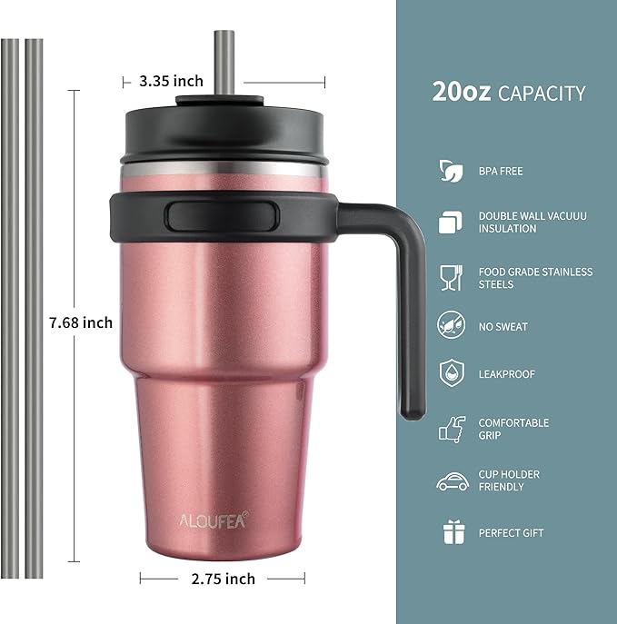 ALOUFEA 20 oz Insulated Coffee Mug Tumbler with Handle, Stainless Steel Travel Mug Tumbler with Lid and Straw,Double Wall Vacuum Leak Proof Ice Coffee Thermal Cup, Rose Gold