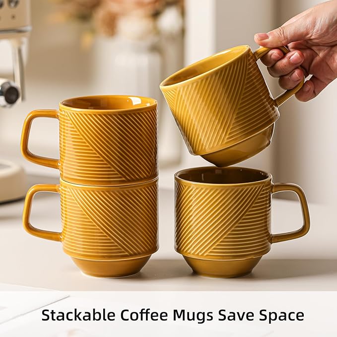 Stackable Coffee Mugs Set: 13 oz Ceramic Stacking Cups for Cappuccino Latte Tea - Microwave Safe Mug for Home & Office - 4 PCS, Mustard Yellow