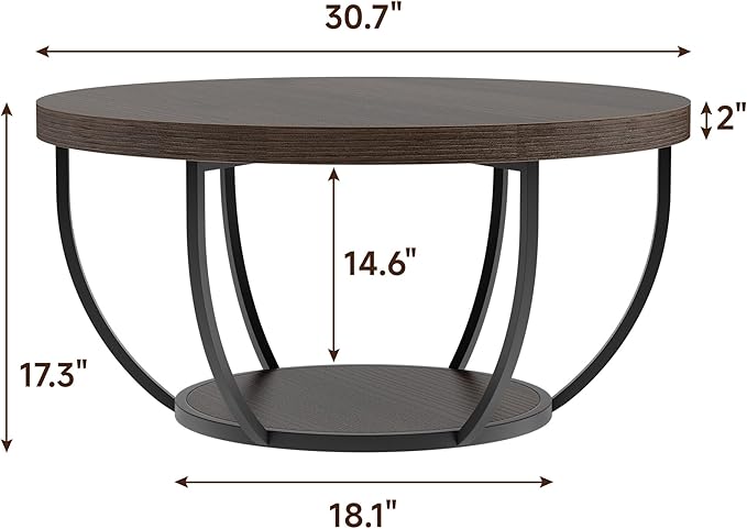 Round Coffee Table, 31" Coffee Table for Living Room Decor, 2-Tier Storage with Steel Frame, Space-Saving Wood Center Table, Modern Style Easy Assembly (Dark Coffee)