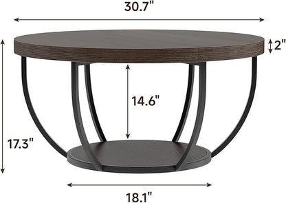 Round Coffee Table, 31" Coffee Table for Living Room Decor, 2-Tier Storage with Steel Frame, Space-Saving Wood Center Table, Modern Style Easy Assembly (Dark Coffee)
