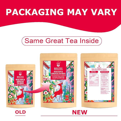 WT WEETEE Rosehips Hibiscus Tea Bags, Made with Rosehip & Hibiscus Flowers, Natural Caffeine-free Herbal Tea 2.5g x 60 Counts