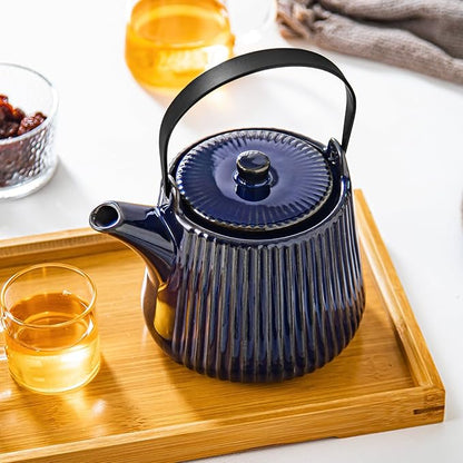 Yundu Deep Blue Ceramic Teapots, 1000ml/33.8oz Tea Kettle, Enough for 4 Cups, Tea pot with infusers for loose tea, Striped Tea Pot with Removable Tea infuser