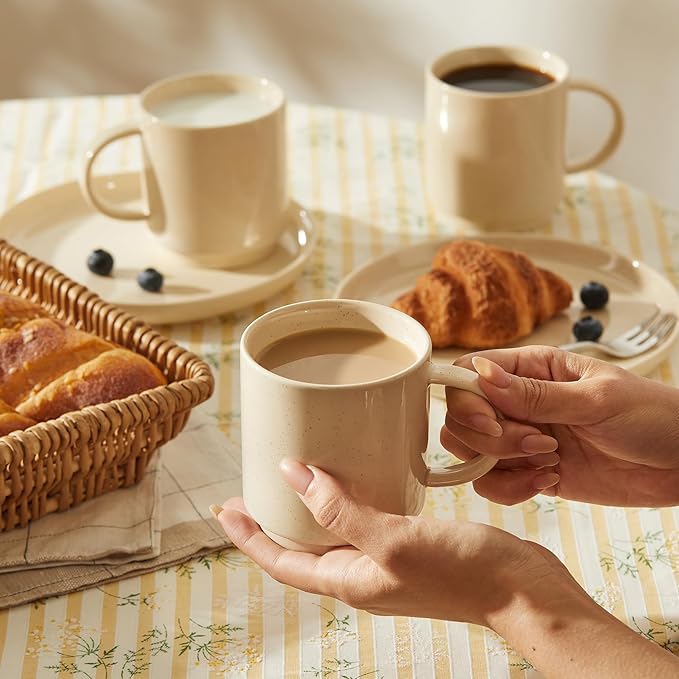 Sweese Stackable Coffee Mugs - 10 Oz Porcelain Cups for Specialty Coffee Drinks, Cappuccino, Cafe Mocha, Latte and tea, Set of 4, Beige