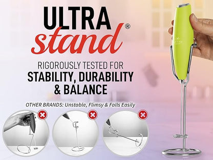 PRO MILK FROTHER WAND - ULTRA HIGH SPEED HANDHELD FROTHER - UPGRADED STAND - Powerful Handheld Mixer with Infinite Uses - Super Instant Electric Foam Maker with Stainless Steel Whisk (Lime Green)