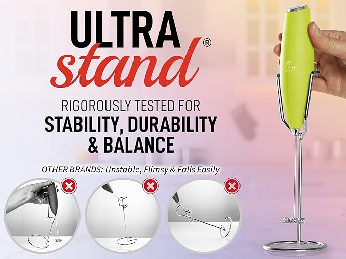 PRO MILK FROTHER WAND - ULTRA HIGH SPEED HANDHELD FROTHER - UPGRADED STAND - Powerful Handheld Mixer with Infinite Uses - Super Instant Electric Foam Maker with Stainless Steel Whisk (Lime Green)
