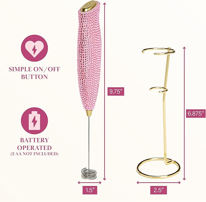 Paris Hilton Electric Rhinestone Handheld Milk Frother with Double Coil Head Whisk and Gold Metal Stand, Battery Powered (2 AA Batteries Required but Not Included), Pink